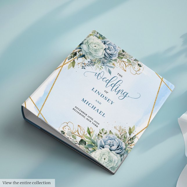 Classeur Fleurs bleues et Mariage doré (Modern Dusty Blue Flowers and Gold Frame Wedding Book)