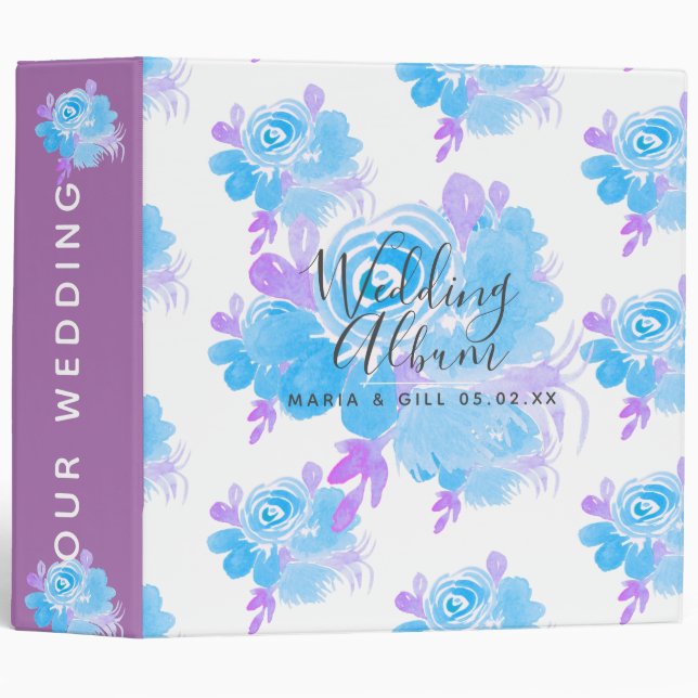 Classeur Fleurs d'aquarelle bleu violet Mariage botanique (Devant/Côté)