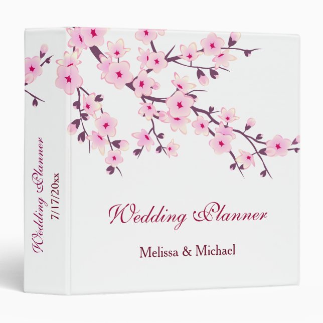Classeur Fleurs de cerise rose blanc mariage personnalisé (Devant/Côté)