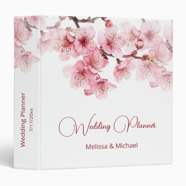 Classeur Fleurs de cerise rose blanc mariage personnalisé (Devant/Côté)