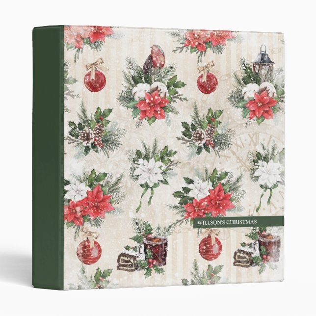 Classeur Fleurs de poinsettie rouge et blanche de Noël clas (Devant/Côté)