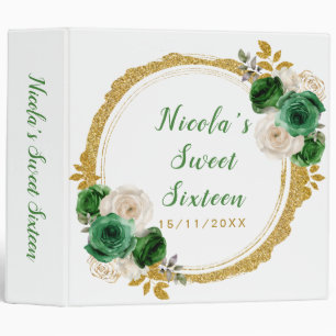 Classeur Fleurs élégantes Sweet sixteen vert foncé et or