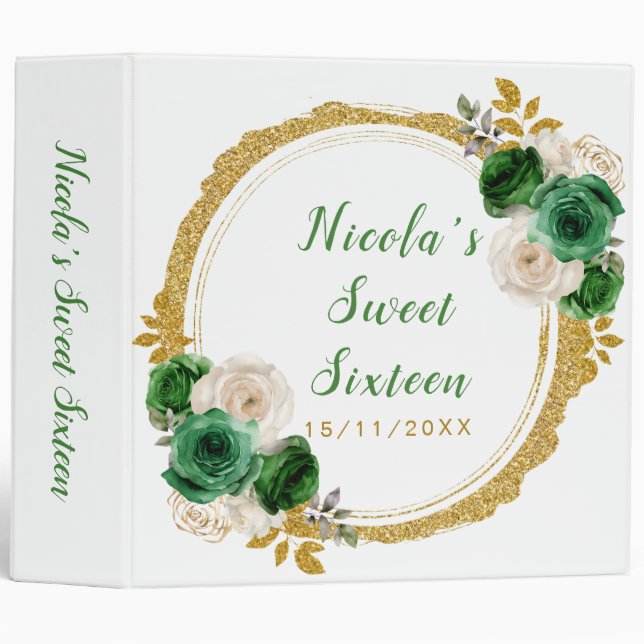 Classeur Fleurs élégantes Sweet sixteen vert foncé et or (Devant/Côté)