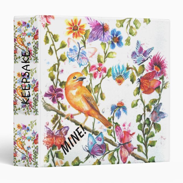 Classeur Fleurs Empreintes de pattes de chiot avec OISEAU J (Devant/Côté)