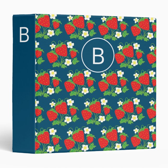 Classeur Fleurs et Fraises Motif Bleu Monogrammé (Devant/Côté)