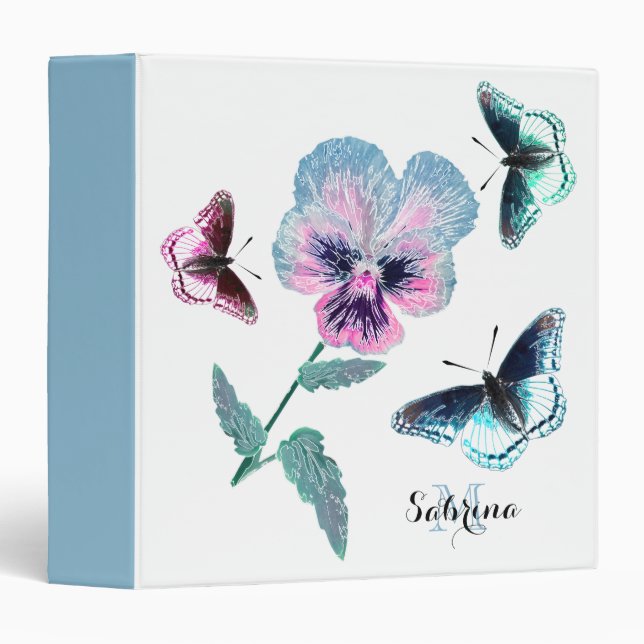 Classeur Fleurs et papillons.Personnalisé, (Devant/Côté)