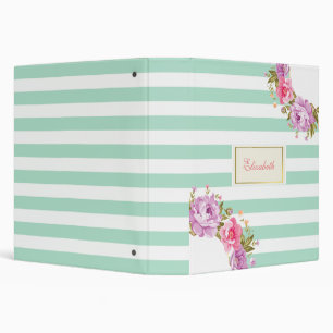 Classeur Fleurs Modernes, Rayures Vert Menthe - Personnalis