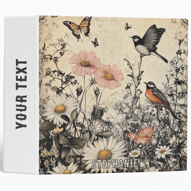 Classeur Fleurs, oiseaux et papillons sur papier vieilli (1 (Devant/Côté)
