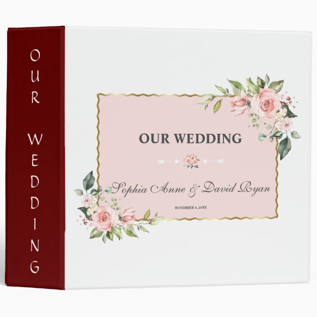 Classeur Fleurs Roses Blush Gold Frame Mariage Album (Devant/Côté)