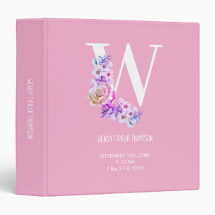 Classeur Fleurs roses initiales naissance bébé statistiques