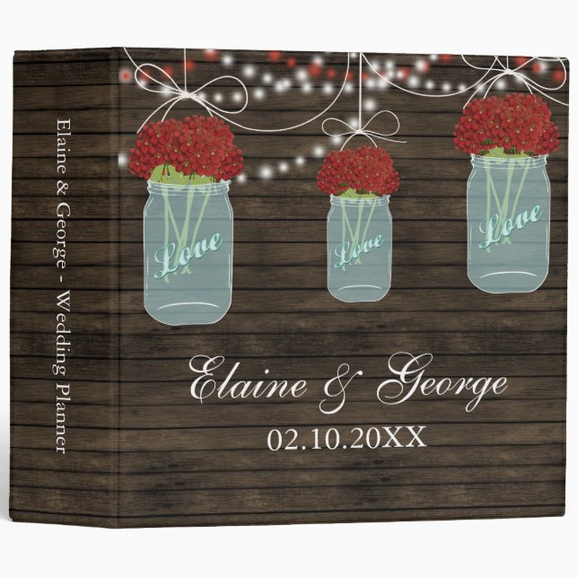 Classeur Fleurs rouges en bois de barnwood Mason Jar Weddin (Devant/Côté)
