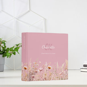 Classeur Fleurs sauvages rose beige crème monogramme