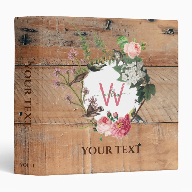 Classeur Fleurs Vintages en bois rustique monogrammé (Devant/Côté)