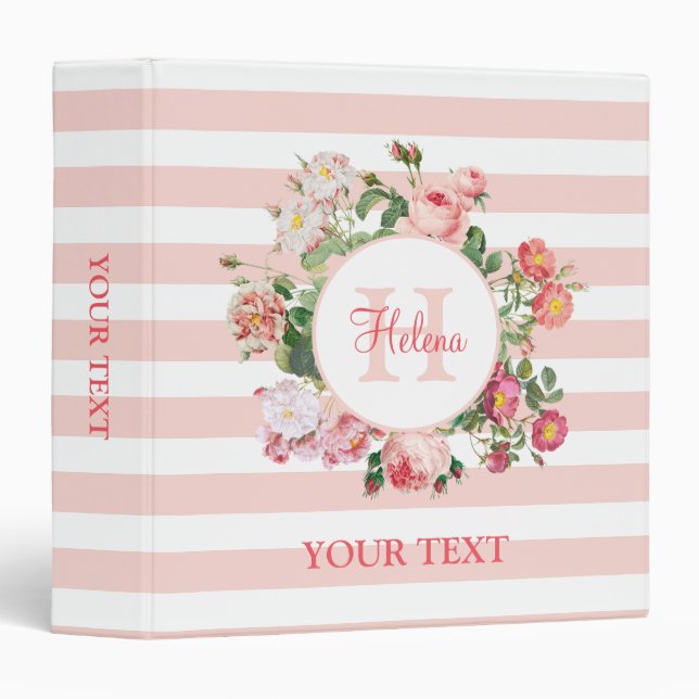 Classeur Fleurs vintages Pink Stripes Monogramme (Devant/Côté)
