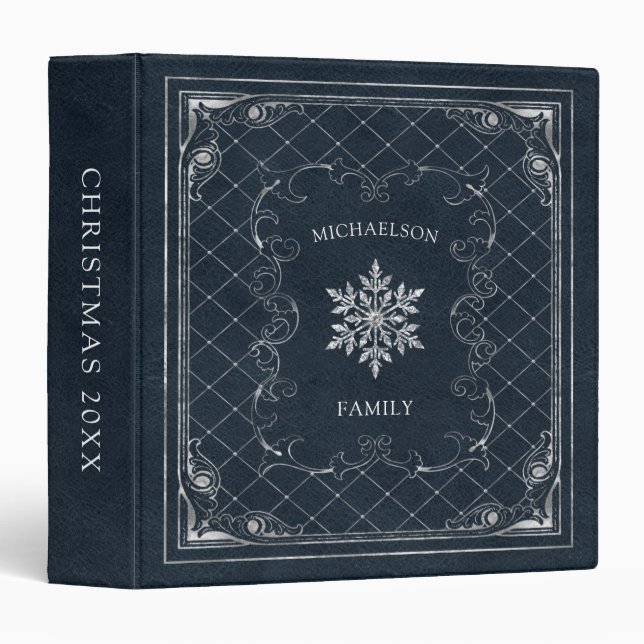 Classeur Flocon de neige de Noël Monogramme Cuir bleu (Devant/Côté)