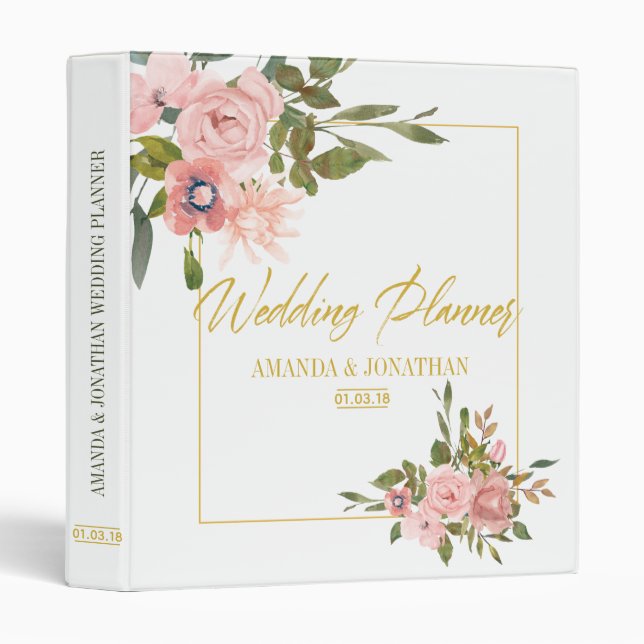 Classeur Floral Blush Wedding planner rose et or (Devant/Côté)