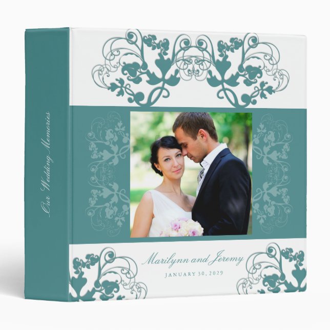 Classeur Floral Flourish Peacock Blue Mariage Photo Classeu (Devant/Côté)