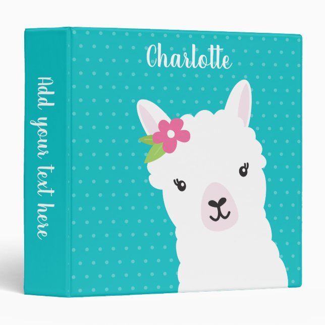Classeur Floral Llama Alpaca Turquoise fille personnalisée (Devant/Côté)
