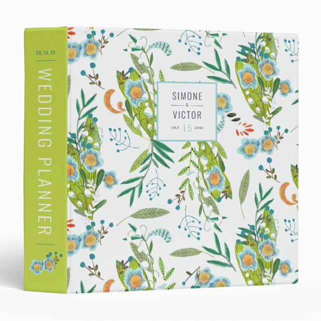 Classeur Floral moderne Boho vert fleurs wedding planner (Devant/Côté)