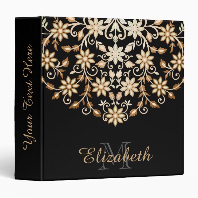 Classeur Floral noir et or élégant (Devant/Côté)