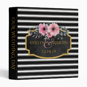 Classeur Floral rayé de blanc noir décoré d'un monogramme