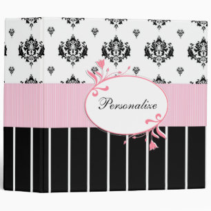 Classeur Floral rose chic de damassé noire et blanche avec
