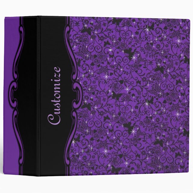 Classeur floral scintillant de papillon noir et (Devant/Côté)