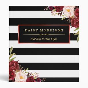 Classeur Flore de rose rouge enveloppant noir blanc rayé