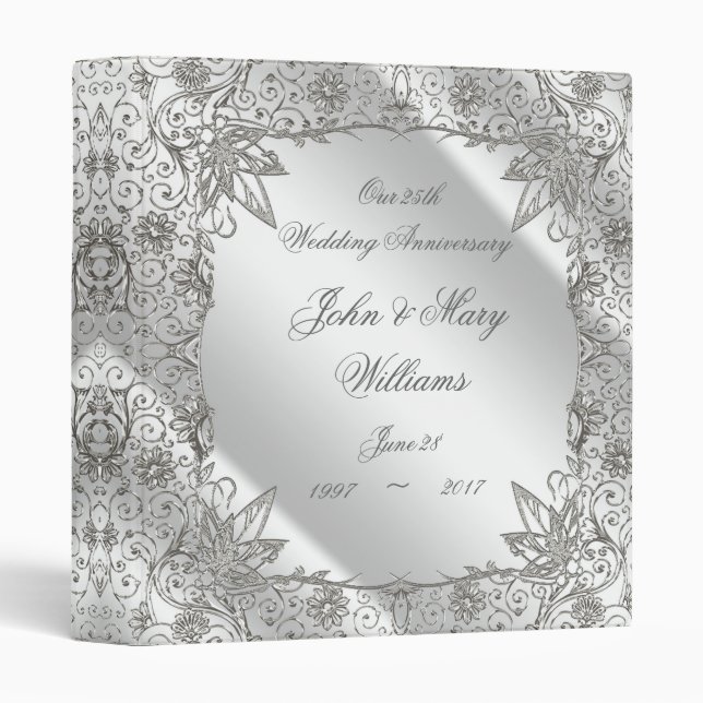 Classeur Flourish Silver 25e anniversaire Mariage 1" Classe (Devant/Côté)