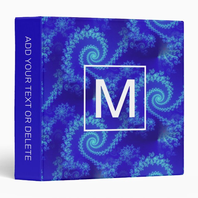 Classeur Fractale en spirale bleue abstraite avec monogramm (Devant/Côté)