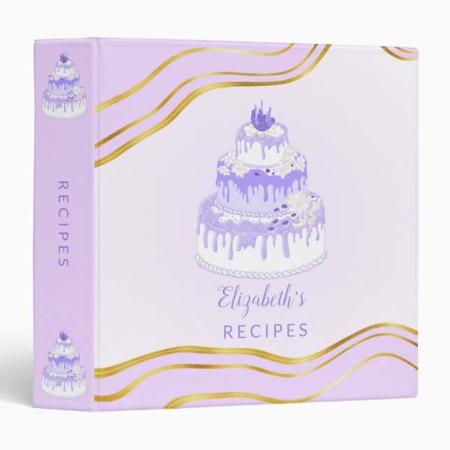 Classeur Gâteau d'or violet monogramme Recette élégante mod (Devant/Côté)