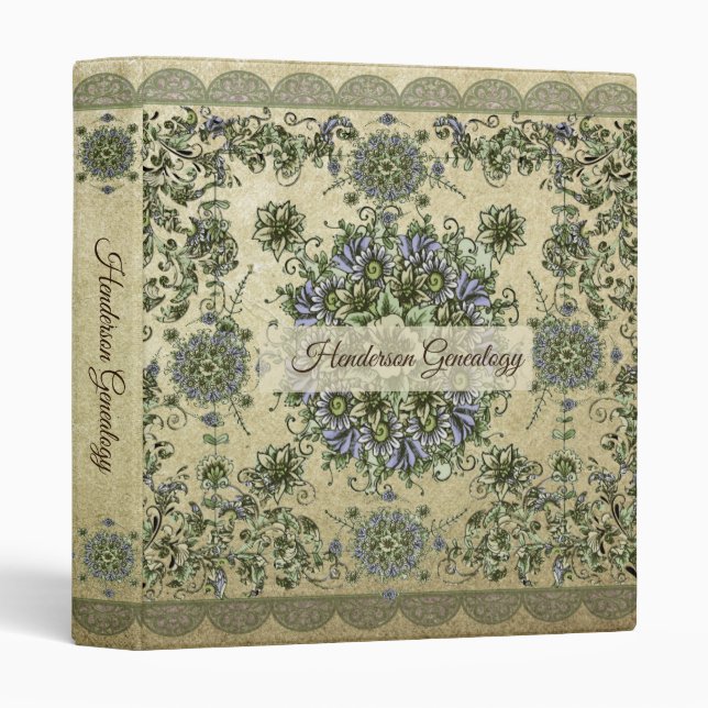 Classeur Généalogie victorienne romantique à fleurs bleues (Devant/Côté)