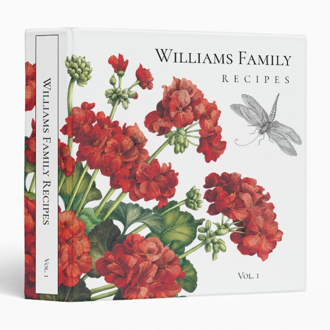 Classeur Geraniums Botanical Red White Custom Recipe Binder (Devant/Côté)