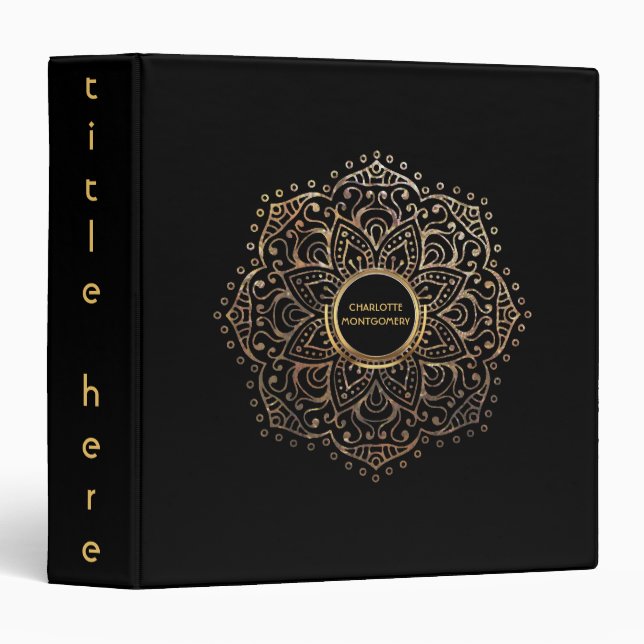 Classeur Girly décoré d'un monogramme de mandala noir de (Devant/Côté)