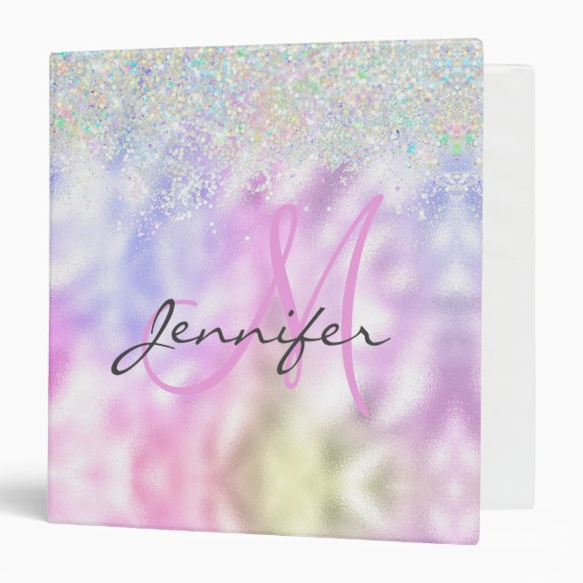 Classeur Girly Holographic Parties scintillant Monogramme N (Devant/Intérieur)