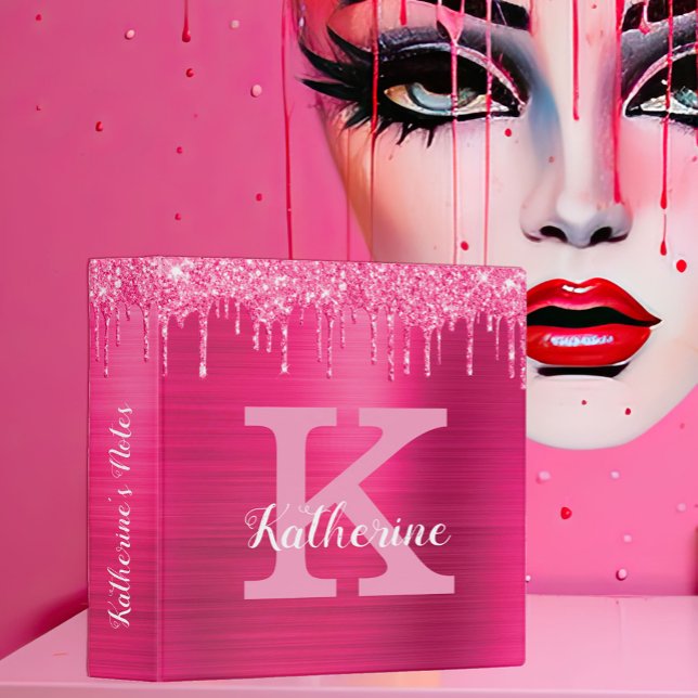 Classeur Girly Hot Pink Glitter Drips Glam Monogram (Créateur téléchargé)