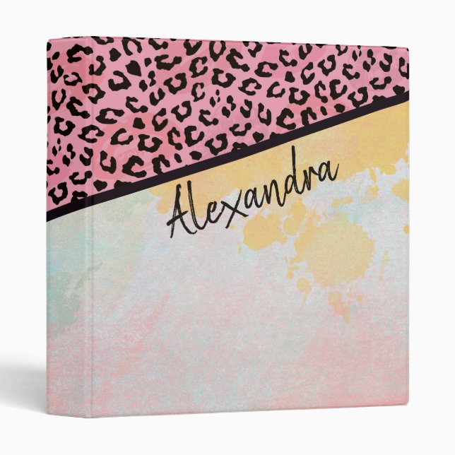 Classeur Girly Pink Leopard Aquarelle Ajouter un nom (Devant/Côté)