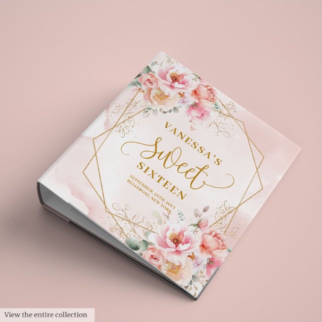 Classeur Glam Sweet sixteen de cadre de  de cadre rose chau (Glam Hot Pink Gold Floral Frame Sweet Sixteen 3 ring binder )