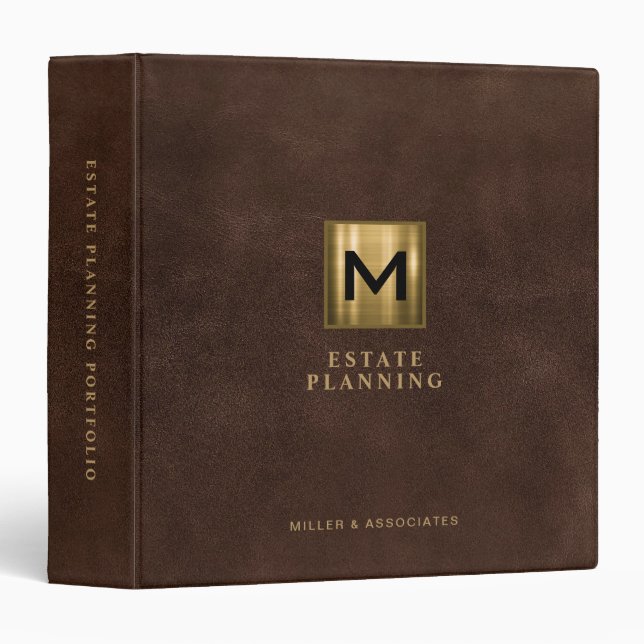 Classeur Gold Logo Brown Leather Estate Planning Monogram (Devant/Côté)
