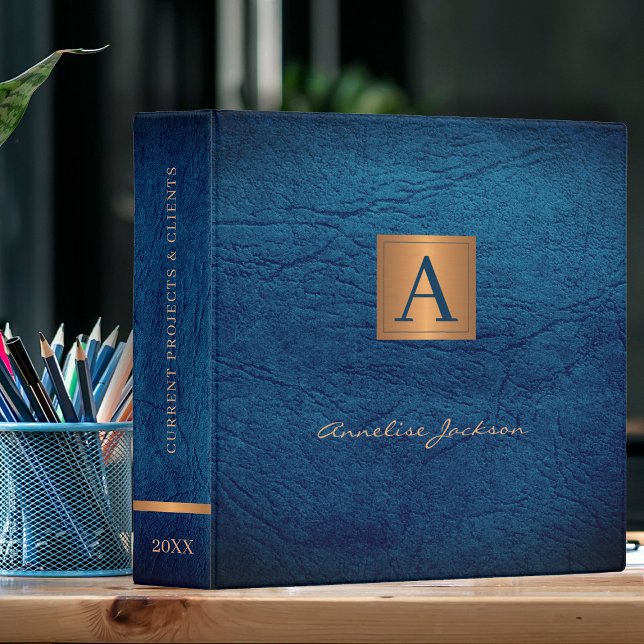 Classeur Gold monogrammed élégant nom script bureau marine (Créateur téléchargé)