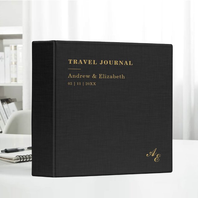 Classeur Gold Travel Journal Black Linen Fabric Monogram (Créateur téléchargé)