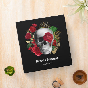 Classeur Goth Crâne avec Fleurs rouges et Feuilles d'or