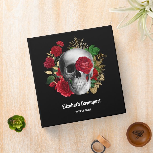 Classeur Goth Crâne avec Fleurs rouges et Feuilles d'or (In Situ)