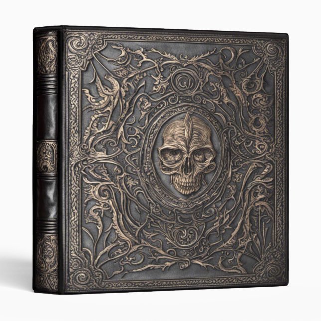 Classeur Gothique Ornate Filigree Skuls Cuir noir (Devant/Côté)