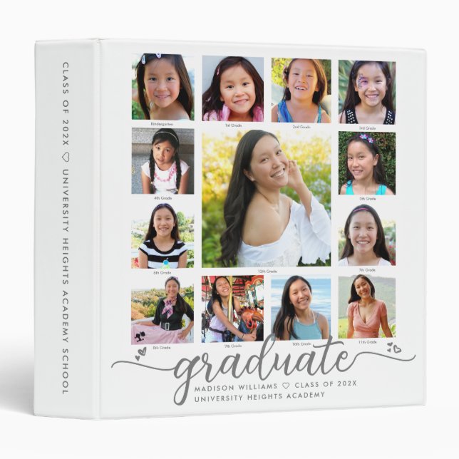 Classeur Graduation blanche K-12 Modern Script Photo Collag (Devant/Côté)