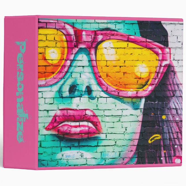 Classeur Graffiti girl street art pop art rose turquoise ja (Devant/Côté)