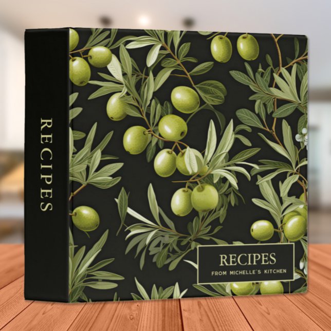 Classeur Green Olives Feuille Black Elegant Recette Livre d (Elegant green olives and leaves on black custom recipe/cookbook binder)