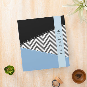 Classeur Grey Zigzag, Grey Chevron, Bleu, Votre Nom