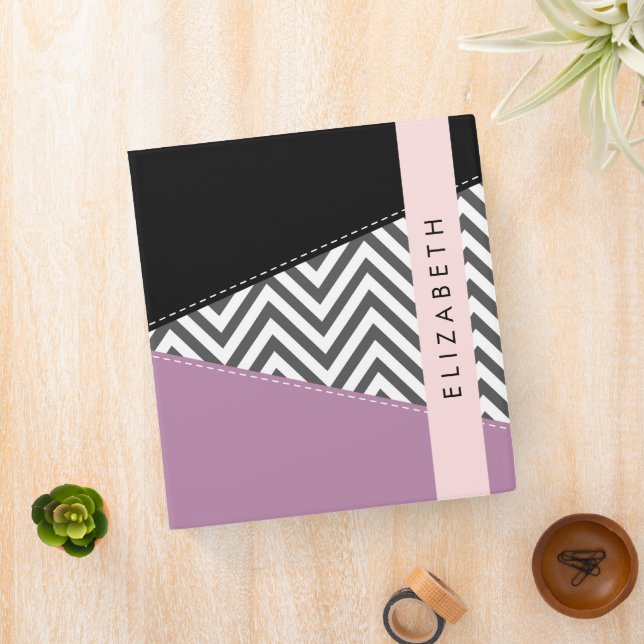 Classeur Grey Zigzag, Grey Chevron, Purple, Votre Nom (In Situ)