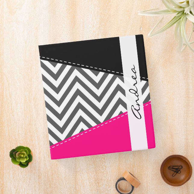 Classeur Grey Zigzag, Grey Chevron, Rose, Votre Nom (In Situ)